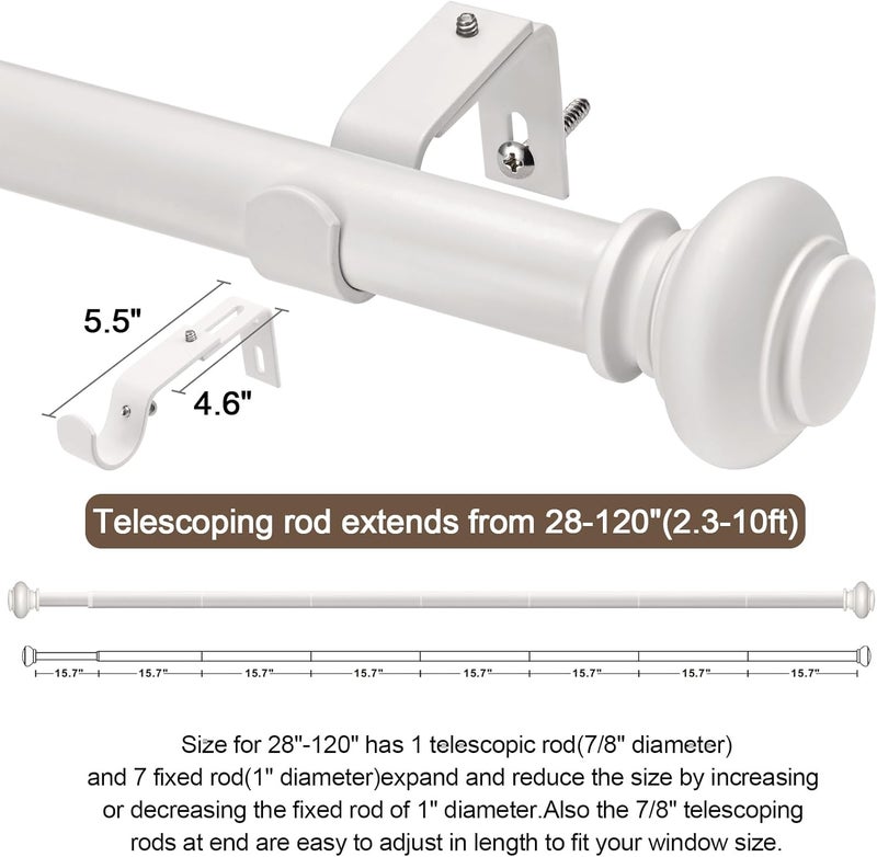 SIMEWIN White Curtain Rods for Windows 66 to 120 Inches Adjustable Decorative 1 Inch Diameter Single Window Curtain Rod Set with Classic Finials, White Finishing - Image 5